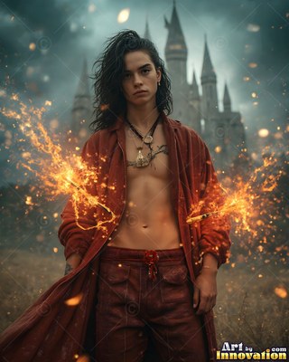 Standing in an open bright red robe, a young man summons bright fire sparks before a castle