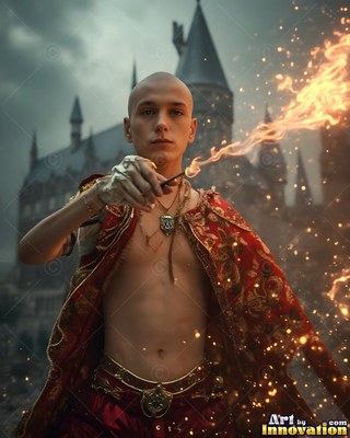 A bald young man casts a trail of fire from his wand