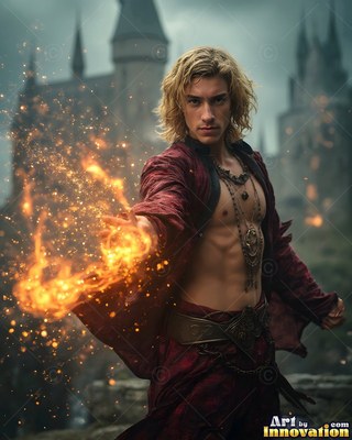 Wearing an unbuttoned scarlet robe, a blond man casts bright sparks outside a stone castle