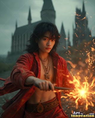 A young man points a wand that bursts with bright golden sparks before a castle