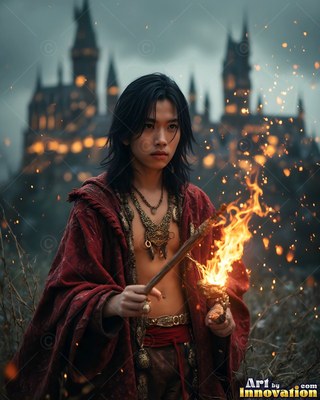 Standing just outside a castle, a young man carries a burning wooden wand in red robes
