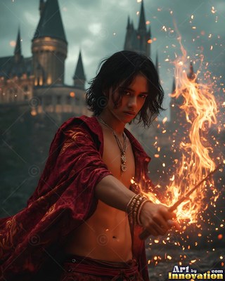 A young man in a red velvet robe casts fire from his wand near a stone castle