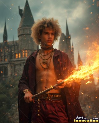 Before a stone castle, a young man clutches a flaming wand in an open red cloak