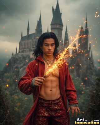 Holding a wand of sparks, a bare-chested young man in a red robe stands before a castle