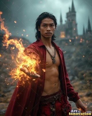 A man wearing an unfastened red shirt holds fire near a castle