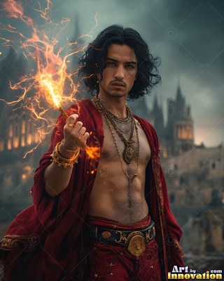 Wearing an unbuttoned red robe, a bare-chested man sparks fire from a wand near a castle tower