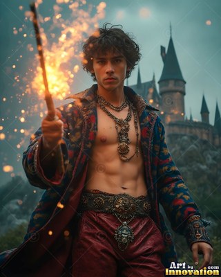 A bare-chested young man carries up a wand that bursts with bright orange sparks near a castle