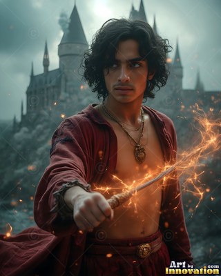 Turned toward the camera before a dark castle, a man holds a sparking wand