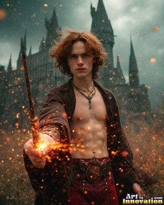 A shirtless redheaded man points a spark-filled wand outside a stone castle