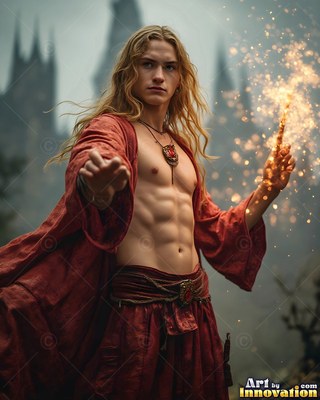 Before a castle, a bare-chested blond man in red robes raises a sparkling wand