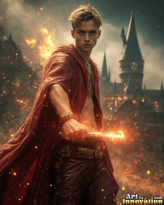 Gripping a bright wand of fire, a young man in a red cloak stands out in front of a castle