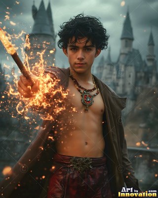 Young shirtless man points a wand with golden sparks near a castle
