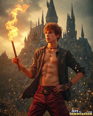 Wearing an open shirt, a young man holds a flaming wand before a dark castle spires