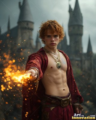 A young man points a wand that casts bright gold sparks before a castle