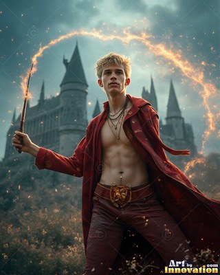 Standing outside the castle, a shirtless man casts a loop of bright fire with his wand