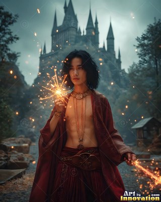 A young man in an unzipped bright red robe holds bright sparks outside a stone castle