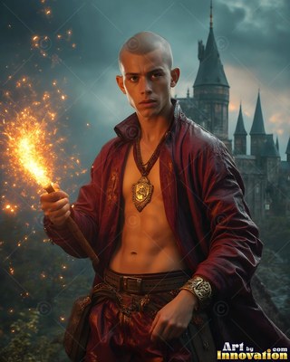 Out in front of a castle, a young man wearing an unbuttoned red coat holds a sparking torch