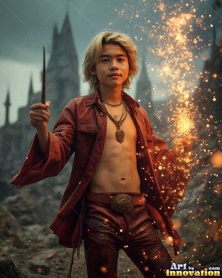 Holding a wand, a young blond man wearing an unfastened red shirt casts sparks in front of a castle