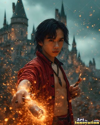 A young man in a red shirt aims a wand making sparks by a castle