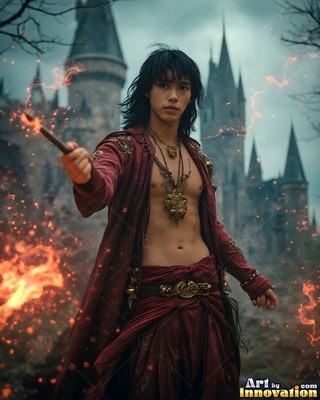 An open deep red robe covers a young man raising his wand out in front of a castle courtyard