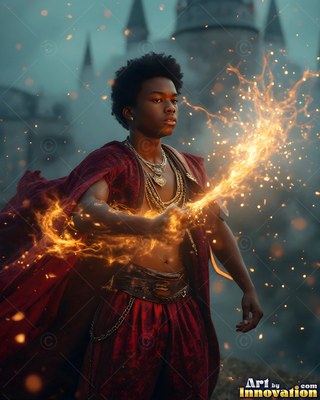 A young man casts golden sparks from his hand, clad in a deep red robe before a castle