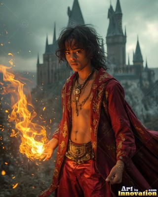 Standing before a castle, a young man carries fire in his bare hand