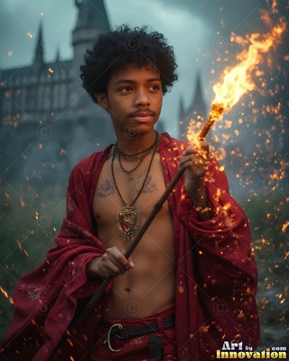 A young man in red robes holds a flaming wooden staff just outside a castle