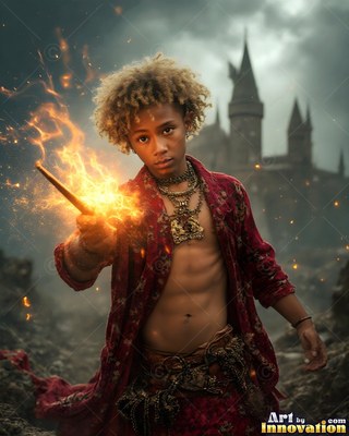 Before a dark castle, a young man carries a flaming wand in an open deep red robe
