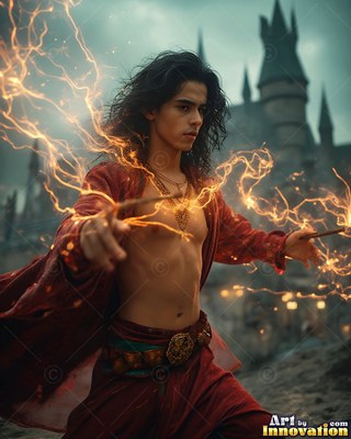 Casting fiery sparks with a wand, a young man in open red robes stands outside a castle