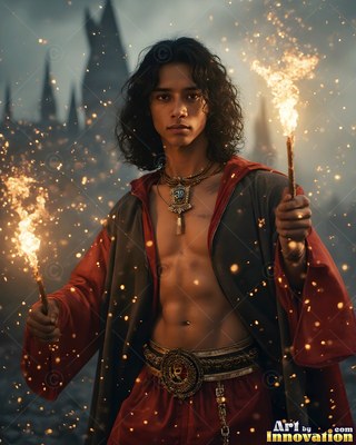 Man in an unfastened red cloak holds two small flaming torches