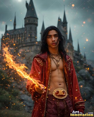 Wearing an unfastened red cloak, a young man holds up a fiery wand before a stone castle