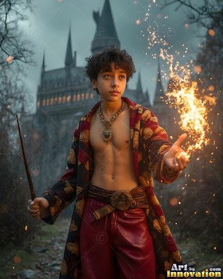 A young man casts bright fire from his hand with a dark castle behind him