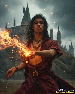Standing before a dark castle, a man in a bright red robe casts fire from his hand