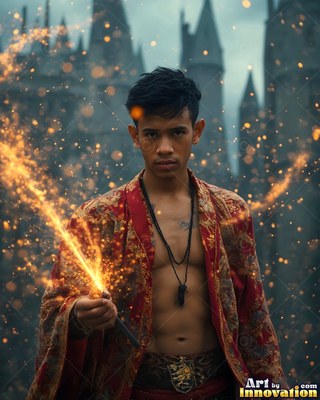 A young man in an unfastened deep red robe holds a wand shooting gold sparks before a castle