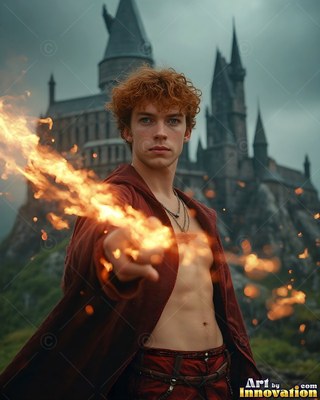 Outside a tall stone castle, a red-haired young man shoots fire from his hand