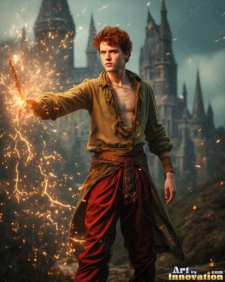 Casting sparks with his wand, a red-haired man stands before a castle