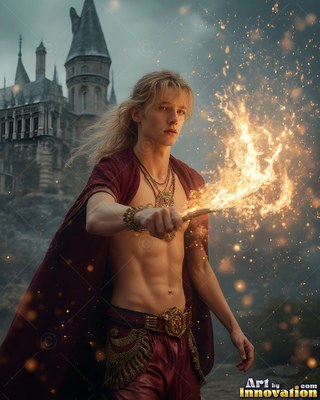 A shirtless blond man in a red cape casts fire from a wand