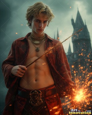 An unbuttoned red shirt reveals a young blond man holding a spark wand out in front of a castle spires courtyard