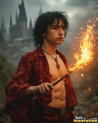 A young man clutches a flaming wand in a parted red cloak, bright yellow fire sparking in the gray air