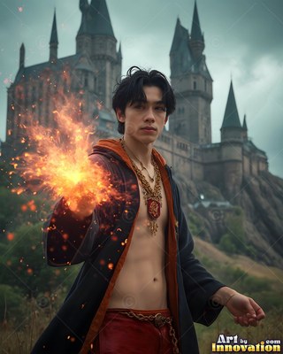 Facing forward near a stone castle, a young man clutches fire in his hand
