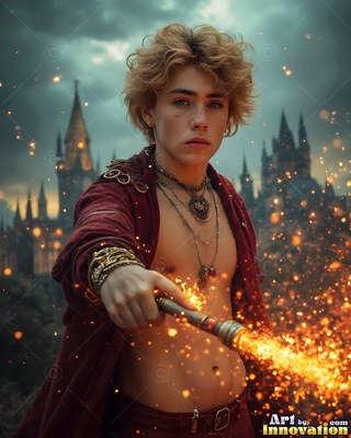 A young blond man points a sparking wand outside a castle at dusk
