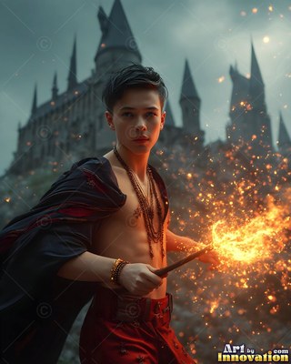 Outside a stone castle, a young shirtless man points a fiery wand into spark-filled air