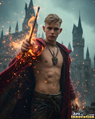 Holding a fiery wand, a shirtless young man in a red robe stands before a castle