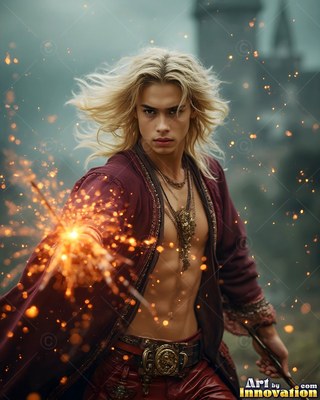 Blond man in an unfastened red cloak casting bright sparks