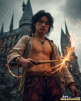 Wearing an open tan shirt, a man points a sparking wand outside a stone castle