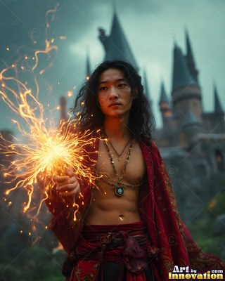 A shirtless man in a scarlet robe holds bright yellow sparks by the walls of a castle