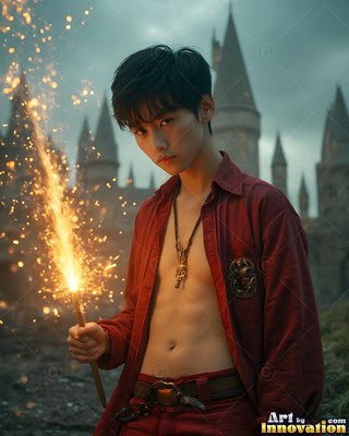 Facing forward near a castle, a young man wearing an unfastened red shirt holds a sparkling wand