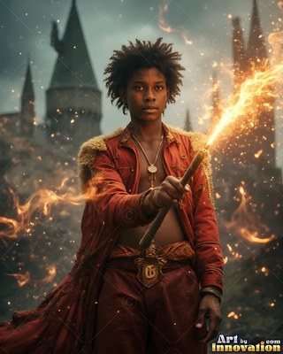 A young Black man holds out a stick sparking with fire before a castle