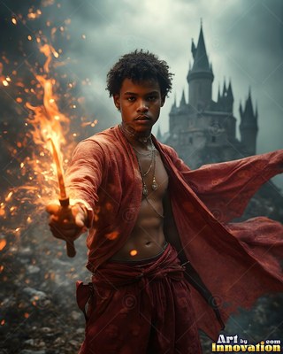 Before a dark castle, a young man points a flaming wand in an open deep red robe