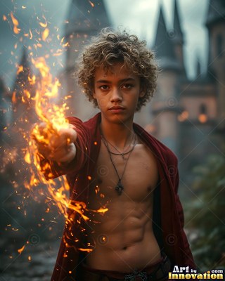 Casting bright fire from his hand, a shirtless young man in a red robe stands before a castle